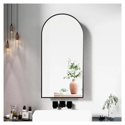 Produktbild von Spiegelschrank Bogen Schwarz, hängender Badschrank mit 3 Glasablagen, Badezimmerschrank mit Spiegel, 40x12x80cm
