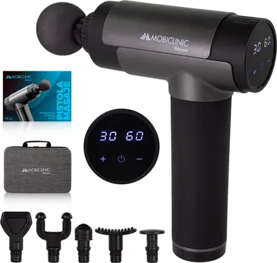 Immagine prodotto di Pistola per massaggio muscolare Mobiclinic®, marca europea, con display, massaggiatore, 6 diverse testine collegabili, 30 livelli di intensità, colore grigio