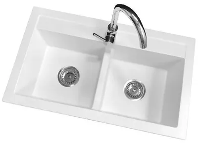 Produktbild von Granitan - Granitspüle - Spülbecken 75,6x44,7 cm - Küchenspüle Weiß - mit Armatur und Siphon - DUET