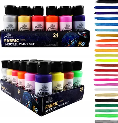 A collage showing two boxes of fabric paint sets and a swatch of colors.
