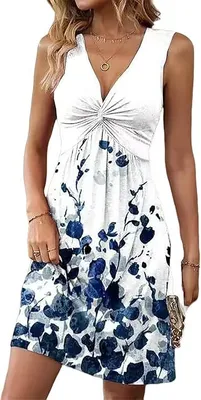 Produktbild von ASKSA Damen V-Ausschnitt Kleid Aermellos Einfarbig Strandkleider Casual Tunikakleid Sommerkleid (C Weiss,M)