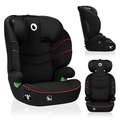 A collage of a black car seat with red trim, shown from different angles.