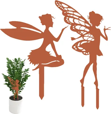 Imagen del producto de Conjunto de decoración para jardín, de 2 piezas, metal con efecto óxido, figuras de elfos, ideal para balcones y terrazas
