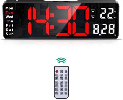 Obrázok produktu pre Digitálne nástenné hodiny s uhlopriečkou 13 palcov, LED displejom a diaľkovým ovládaním – časovač, 2 budíky, dátum/čas/teplota