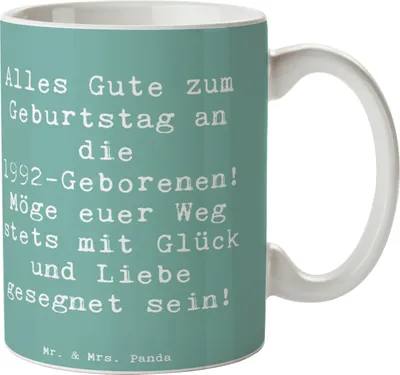Produktbild von Mr. & Mrs. Panda Teetasse Spruch 1992 Geburtstag - Meeresbrise - Geschenk, Geburtsjahr, Jubiläum, Geboren am, cappuccinotasse, Geburtstagsgeschenk, Kaffeetasse, Dekotasse