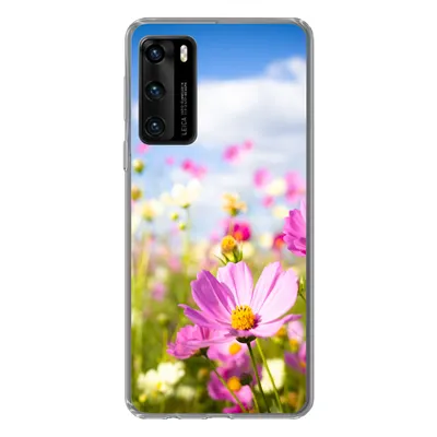 Produktbild von MuchoWow® Handyhülle Schutzhülle Hülle für Huawei P40 Blumen - Wiese - Lila - Gras - Weiß - Wolken - Blau Silikon Softcase Handy Hülle - Handytasche