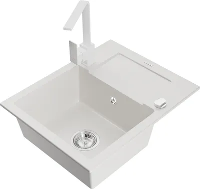 Produktbild von Mexen Enzo 1 Becken-Granitspüle mit Abtropffläche und Mischbatterie Rita, Weiß - 6506-20-670300-20