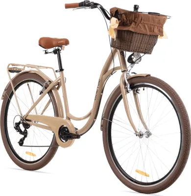 Produktbild von Goetze Mood 28 Zoll City Bike, 18 Zoll Tiefeinsteiger, 7-Gang Shimano Tourney, V-Bremse, LED-Beleuchtung, Komfortsattel, Rattankorb mit Bezug