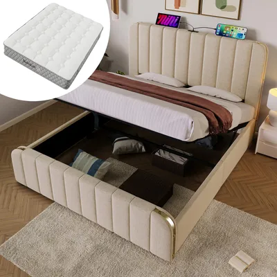 Produktbild von okwish Polsterbett 140x200 Doppelbett Jugendbett mit Matratze,Bettgestell mit goldenen Zierstreifen und integrierten USB- und Typ-C-Ladeanschluss,Lagerbett mit Bettkasten,Beige