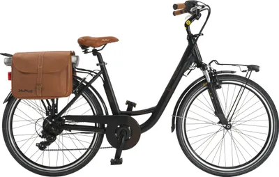A black electric city bike with a brown saddle and saddlebag, shown against a white background.