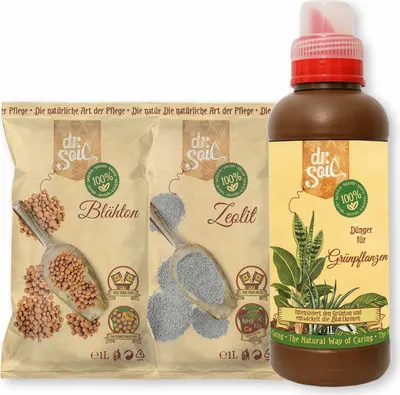Produktbild von Dr.Soil Pflanzenpflegepaket für Grünpflanzen im Topf, mit Blähton zur Drainage, Zeolith zur Reinigung der Topferde und organischem Dünger für Grünpflanzen
