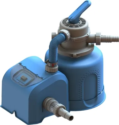 A blue and gray sand filter system for a pool.