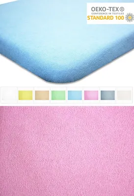 A close-up of a blue fitted sheet with a row of color swatches below it, and a pink fitted sheet filling the bottom of the image.