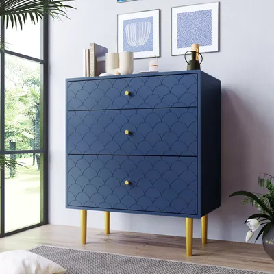 Produktbild von okwish Kommode mit 3 Schubladen, Schubladenkommode Marineblau-H89/B75/T40 cm Sideboard Highboard für Schlafzimmer & alle Wohnräume