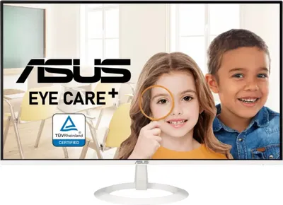Two children are shown in front of a classroom setting, with the ASUS logo and 'Eye Care+' text prominently displayed.