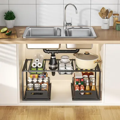 Image de Organisateur sous évier extensible à 2 niveaux, étagère réglable sous lavabo en acier pour cuisines et salles de bains (Colonne B noire)