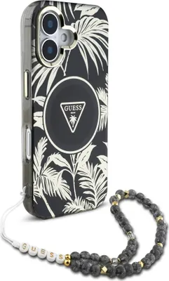 Obrázek produktu pro Pouzdro GUESS pro IPHONE 16 kompatibilní s MagSafe GUHMP16SHPCTPLSK (IML Palm Trees Triangle W/ Pearl Strap) černé
