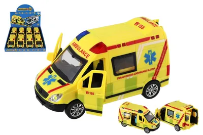 Produktbild von Rettungswagen, Krankenwagen aus Kunststoff, 14,5 cm, batteriebetrieben, mit Licht und Geräuschen, mit Schwungrad, 8er-Set