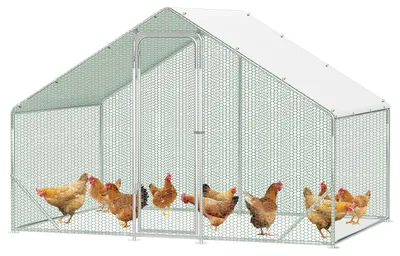 Produktbild von ISOISL Freilaufgehege für Hühner 3 x 2 x 2 m, 6 m², Spitzdach, verzinkter Stahlrahmen 25 mm, grünes Kunststoffgitter und weiße PE-Schutzplane