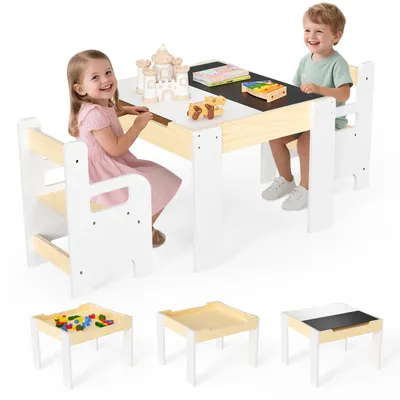 Produktbild von Kindertisch mit 2 Stühlen - Kindermöbel Set - Schreibbare Tafelplatte - Stauraum unter der Tischplatte - Holz - Für Kleinkinder 1–3 Jahre - Gelb