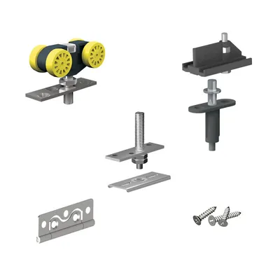 A collection of hardware components for a sliding door system, including rollers, brackets, and screws, arranged against a white background.
