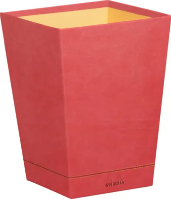 A red wastepaper basket with a yellow interior, shown against a white background.