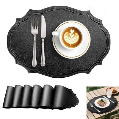 Produktbild von 6er Tischsets, Platzsets Set, Wasserdicht Hitzebeständig rutschfest Platzsets für Drinnen Draußen, 43x31CM,Schwarz Oval