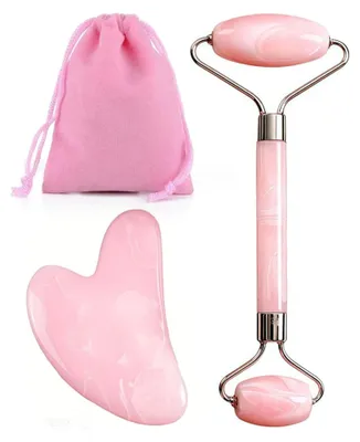Produktbild von Gua Sha Stein und Gesichtsroller aus Rosenquarz, Set für die Schönheitspflege, Jade Roller zur Verbesserung feiner Linien, Geschenkideen für Frauen