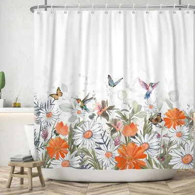 Produktbild von Famanu Duschvorhang 180x180 cm mit Blumen und Schmetterlingen - Wasserdicht und waschbar