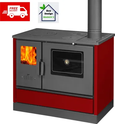 A red and gray wood-burning stove with a glass-fronted oven and a stovetop, shown with a fire burning inside.