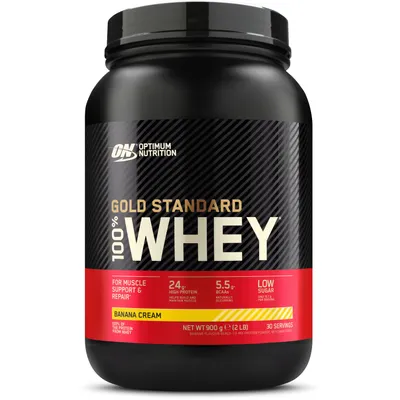 Produktbild von Optimum Nutrition Gold Standard 100% Whey, Pulver, Molkenproteinkonzentrat, Molkenprotein isoliert, Banane, Gold Standard 100% Whey Protein wird am besten gleich am Morgen nach dem Aufstehen und/oder..., 24 g, 112 kcal