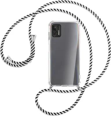 Produktbild von Handykette Backcover-Schutzhülle mit Band (Metall silberfarben) für Motorola Moto G Pro 2021 - schwarz/weiß gestreift