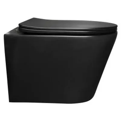 Zdjęcie produktu dla Miska wisząca WC Kerra Milos BLM w kolorze czarnym, z bezkołnierzowym systemem spłukiwania. Kompletowana z deską z duroplastu.