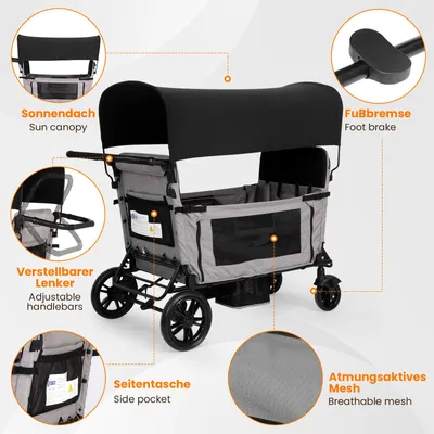 Produktbild von Merax Bollerwagen faltbar für 4 Kinder, Kinderwagen mit Sitz zu Liege umwandelbar, Sonnendach, PolyurethanRäder, Tablett, Hellgrau