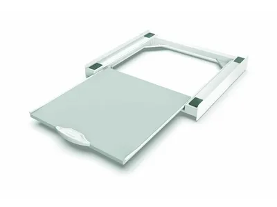 A white appliance stand with a gray pull-out shelf, shown from a diagonal angle against a white background.