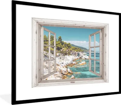Produktbild von MuchoWow® Gerahmtes Poster Aussicht - Strand - Meer 80x60 cm - Poster mit Schwarzem Bilderrahmen Wandposter Rahmen Foto Bilder - Schlafzimmer-Dekorationen - Fotoposter