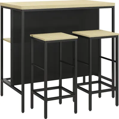 Image de HOMCOM Ensemble table de bar et 2 tabourets avec repose-pieds, étagère de rangement, style industriel, métal noir et aspect bois
