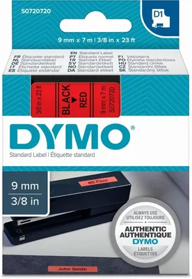 Produktbild von DYMO Original D1-Etikettenband | schwarz auf rot | 9 mm x 7 m | selbstklebendes Schriftband | für LabelManager-Beschriftungsgerät, Schwarz auf rot, Polyester, Belgien, -18 - 90 °C, DYMO, LabelManager, LabelWriter 450 DUO
