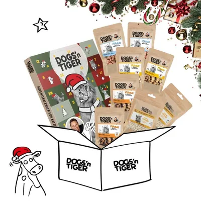 Produktbild von Dogs’n Tiger– Guido Maria Kretschmer Adventskalender Katzen Box | Huhn, Ente & Lachs | Premium Fleischmahlzeiten & Snacks ohne Getreide & Zucker