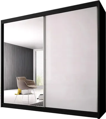 Produktbild von Schiebürenschrank K006 233x61x218 cm (Schwarz) Kleiderschrank, Garderobe, Garderobenschrank mit Einlegeböden und Kleiderstange Eleganter Schiebetürenschrank mit Spiegel an der Front, Wohnkultur, klassischer Stil, großer Stauraum