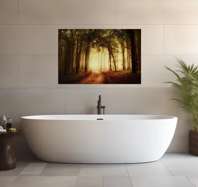 Produktbild von Wallario wasserfestes Poster selbstklebend 91,50 x 61 cm, Sonnenuntergang auf dem Waldweg, Badezimmerposter Spritzschutz mit Hochglanzoberfläche in Glasoptik