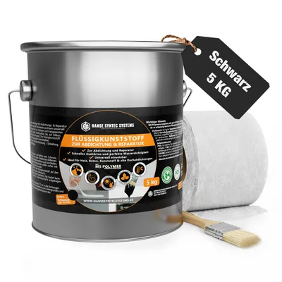 Produktbild von Flüssigfolie Dicht Set DIY 5kg Schwarz inkl. Pinsel & Vlies – Abdichtung Set sofort dicht, 3-fach Ergiebigkeit, lösemittel- & bitumenfrei