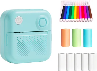 Obrázek produktu pro Mini termotiskárna Bluetooth pro okamžitý tisk fotografií, se 4 rolemi termopapíru (57 x 26 mm) + 5 rolemi termálních štítků + 12 popisovačů, modrá barva