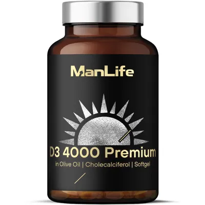 Produktbild von Vitamin D3 4000 IE hochdosiert für Immunsystem, Knochen und Muskeln - 120 Softgel-Kapseln in Olivenöl, 4 Monate - ManLife