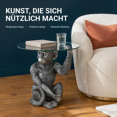 Produktbild von Formano Deko-Tisch Affe Antiksilber 58cm Kunststein Beistelltisch mit Glasplatte