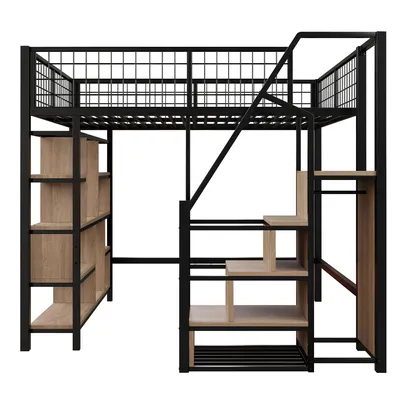 Produktbild von Flieks Etagenbett 140x200cm mit Bücherregal, Hochbett Metallbett mit Treppe und Kleiderstange, Kinderbett mit Rausfallschutz und Lattenrost, Schwarz