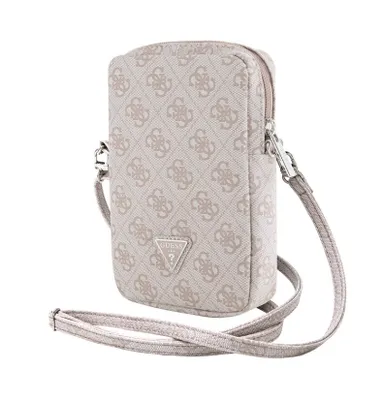 A product shot of a small crossbody bag with a repeating logo pattern.