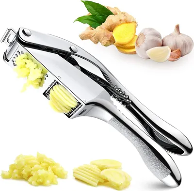 Produktbild von Knoblauchpresse aus Edelstahl für müheloses Zerkleinern, leicht zu reinigen und spülmaschinenfest.