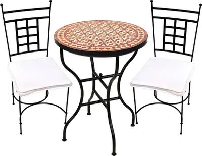 Obrázok produktu pre Bistro set 3 Albaicín Beige Bordeaux 60cm Atény | Stredomorský mozaikový stôl s 2 stoličkami | Ručne vyrábaný balkónový a záhradný set | Marocký mozaikový nábytok z kovaného železa
