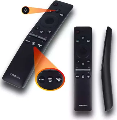 A Samsung remote control is shown from multiple angles against a white background.